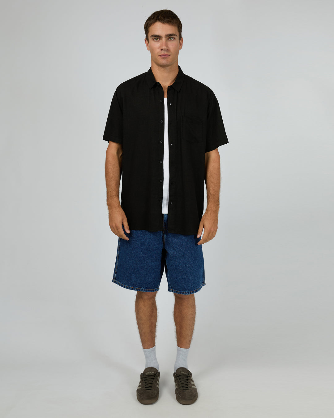 Textured Linen Short Sleeve Shirt Black