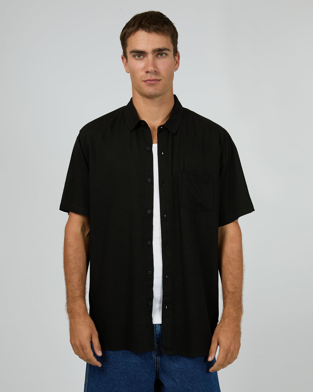 Textured Linen Short Sleeve Shirt Black