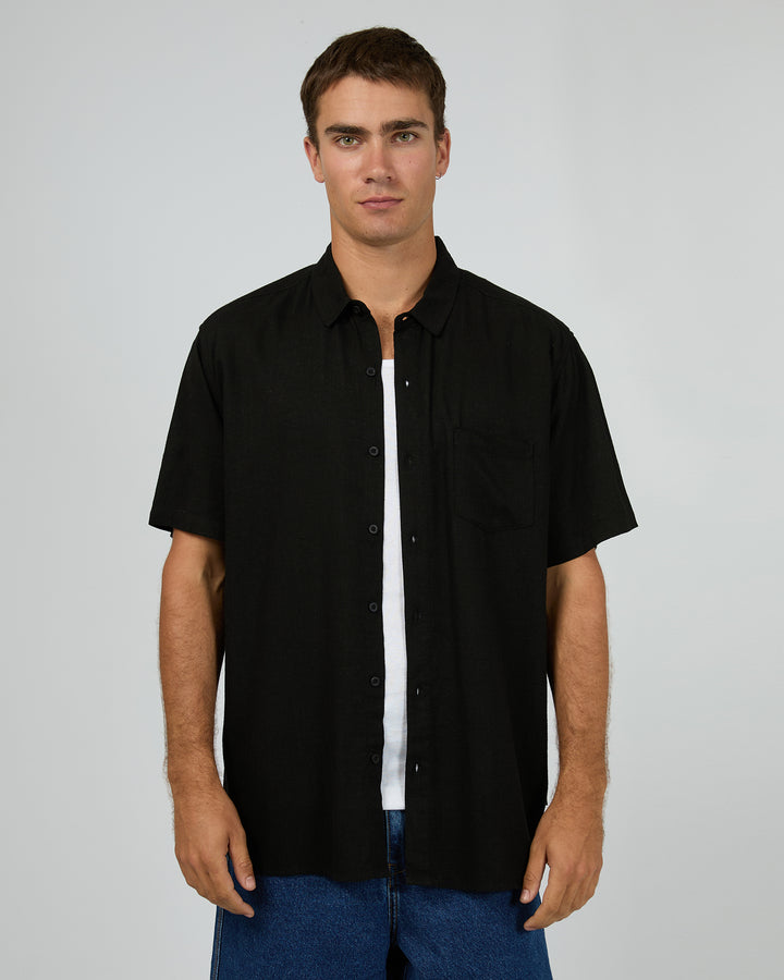 Textured Linen Short Sleeve Shirt Black