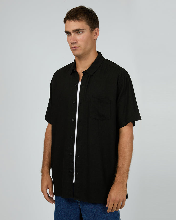 Textured Linen Short Sleeve Shirt Black