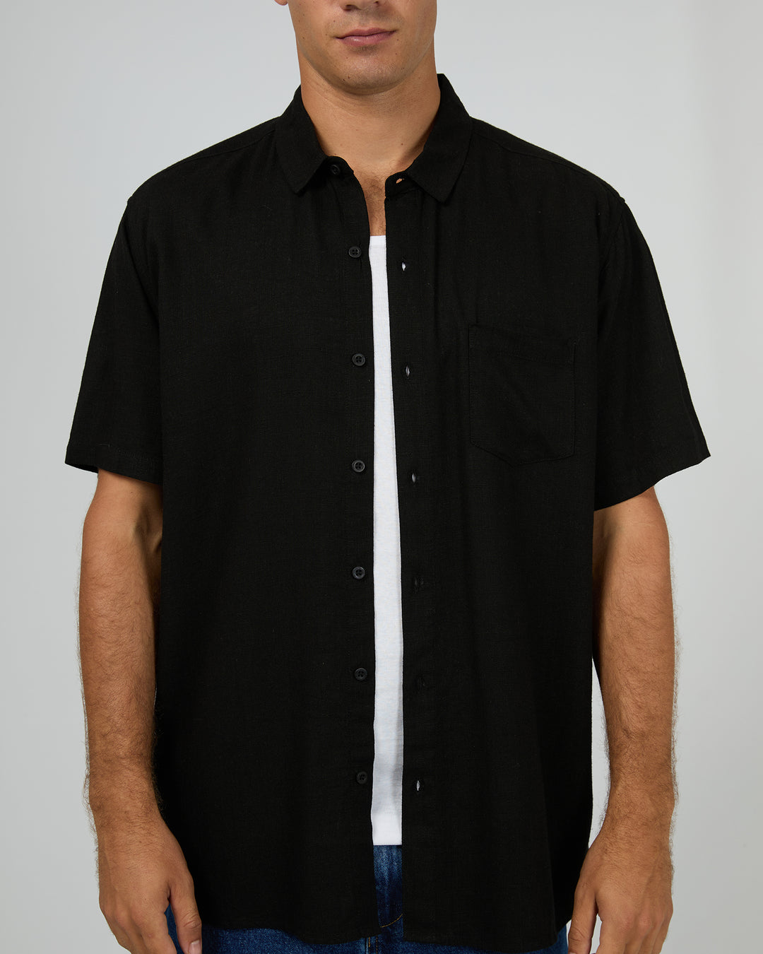 Textured Linen Short Sleeve Shirt Black