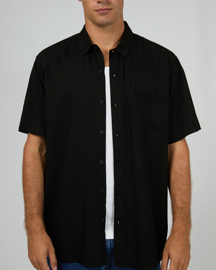 Textured Linen Short Sleeve Shirt Black