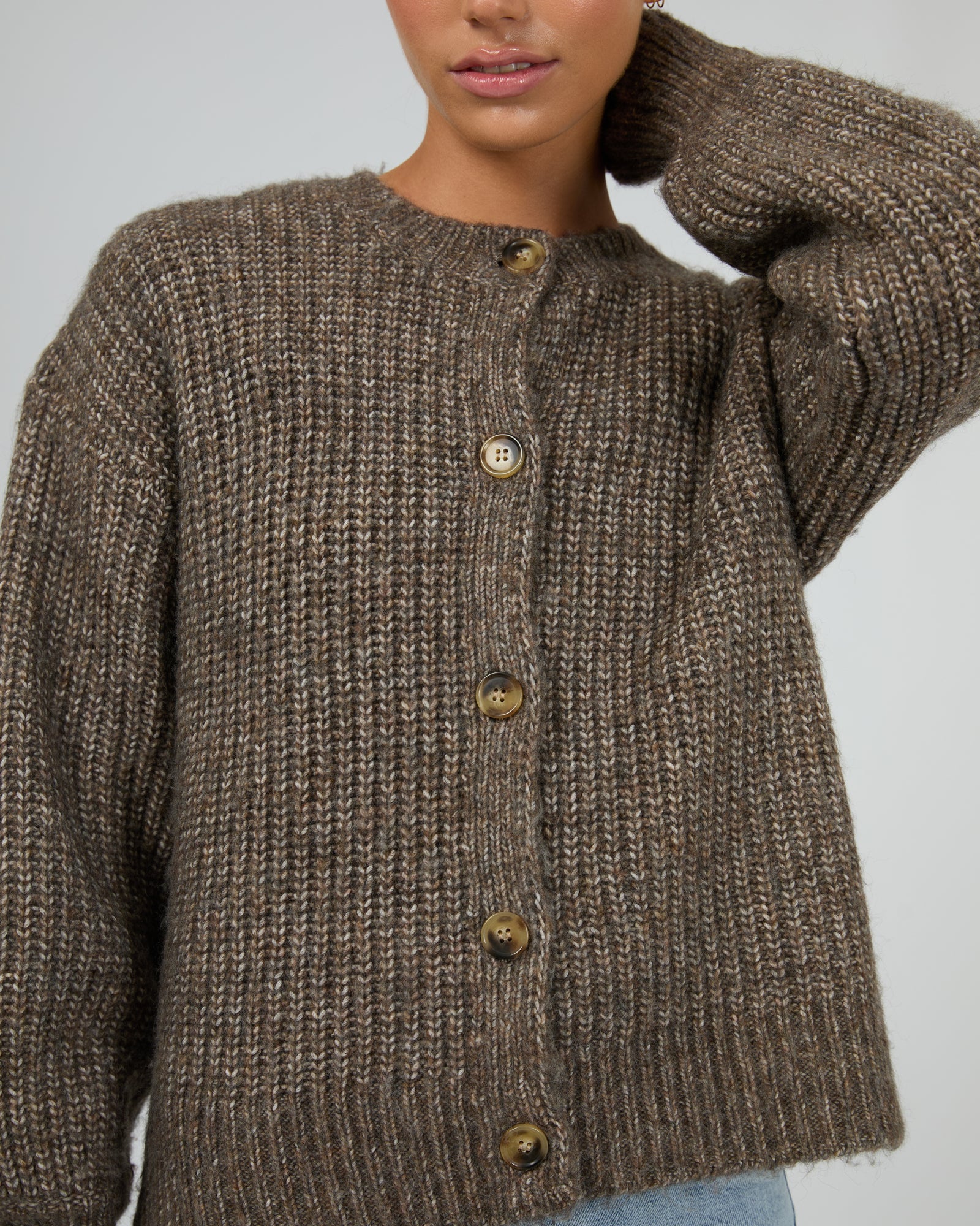 N!ce knit cardigan（BROWN） N!CE Knit N!ce knit cardigan（BROWN） BELTED KNIT CARDIGAN - Brown