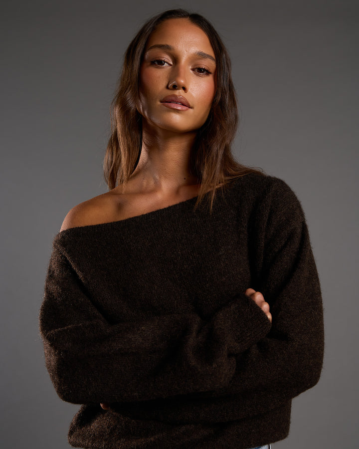 Off Shoulder Knit Jumper Chocolate