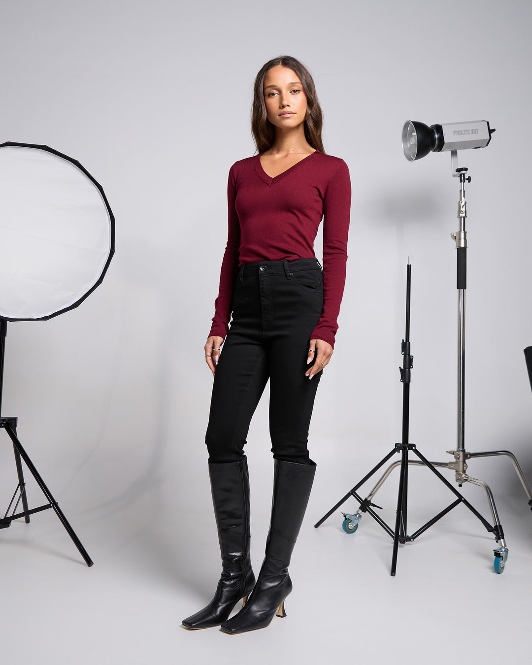 Ashton Knit Vee Long Sleeve Top Cherry