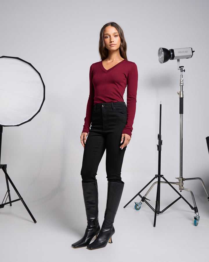 Ashton Knit Vee Long Sleeve Top Cherry